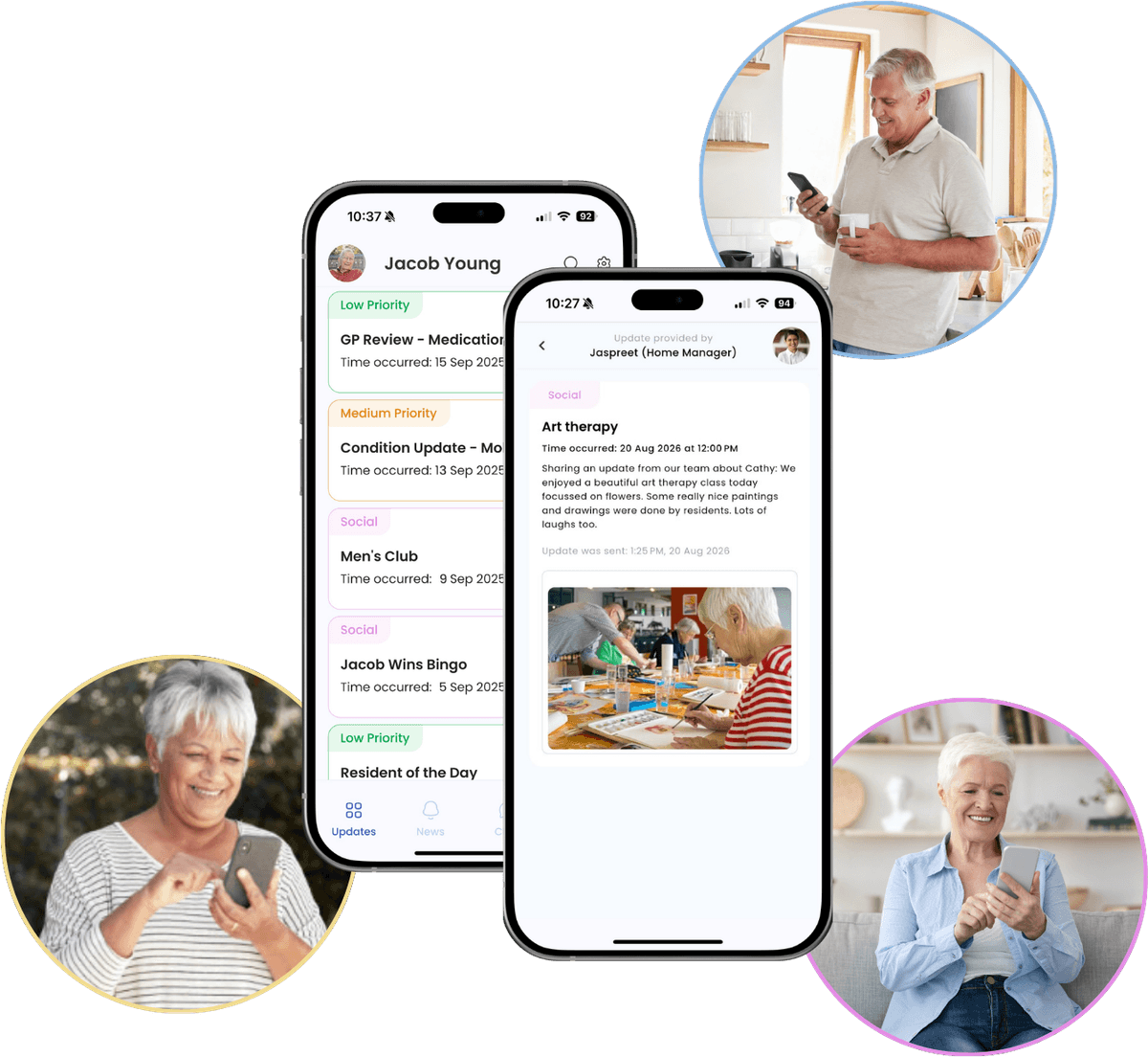 An art therapy update in the Brenna family app, with family members reading it on their phones