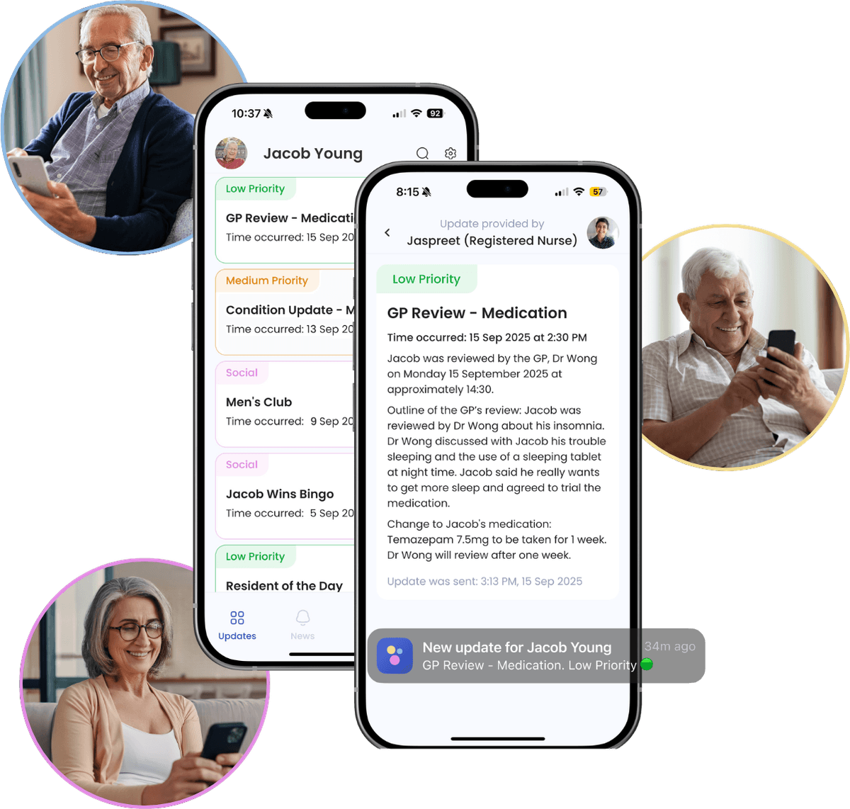 A GP review update in the Brenna family app, with family members reading it on their phones