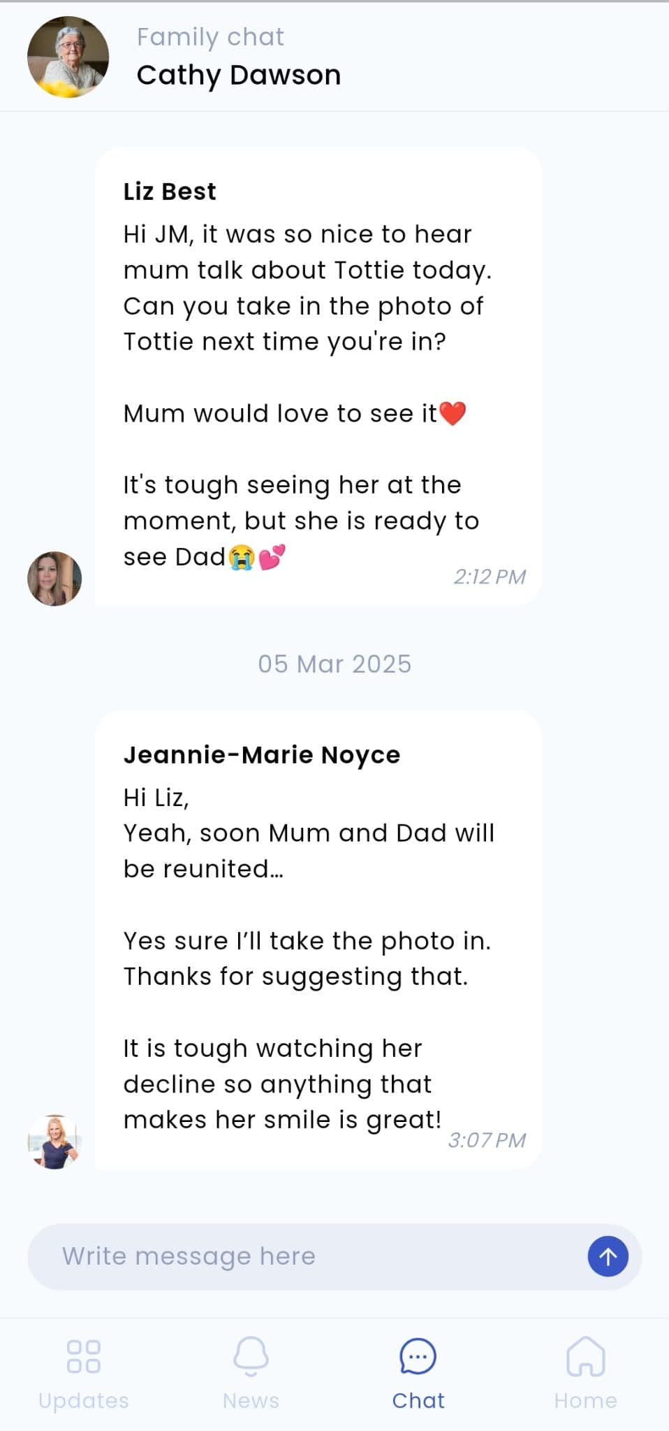 A private family group chat in the Brenna family app