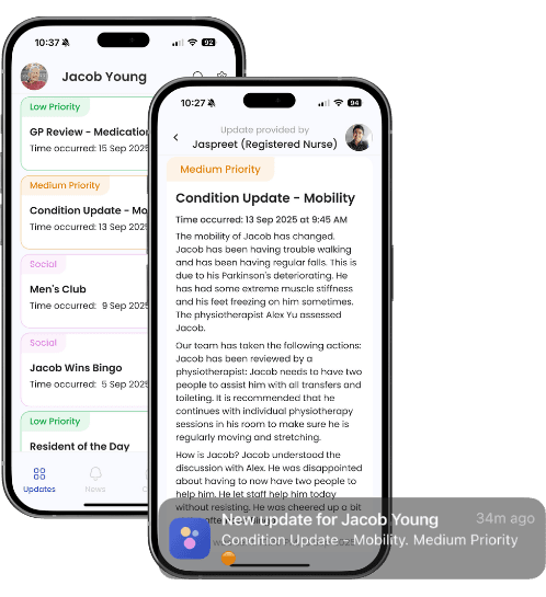 The Brenna family app with a clinical update: a condition update about mobility, and a push notification