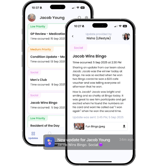 The Brenna family app with a social update: Jacob wins bingo, and a push notification