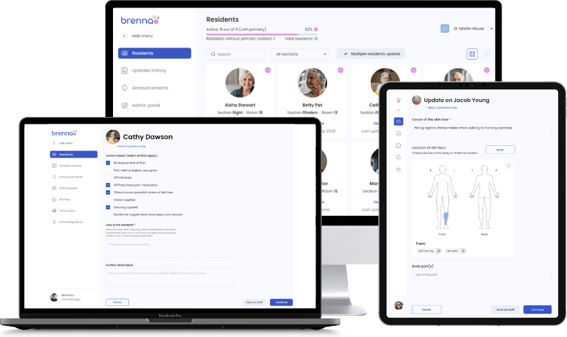 The Brenna staff web app on a desktop, laptop and tablet: residents, families and a guided update