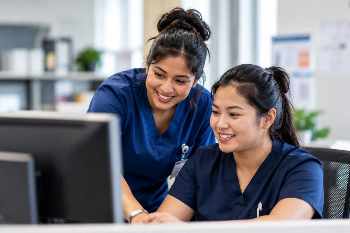 Two nurses smiling as they work together at a computer