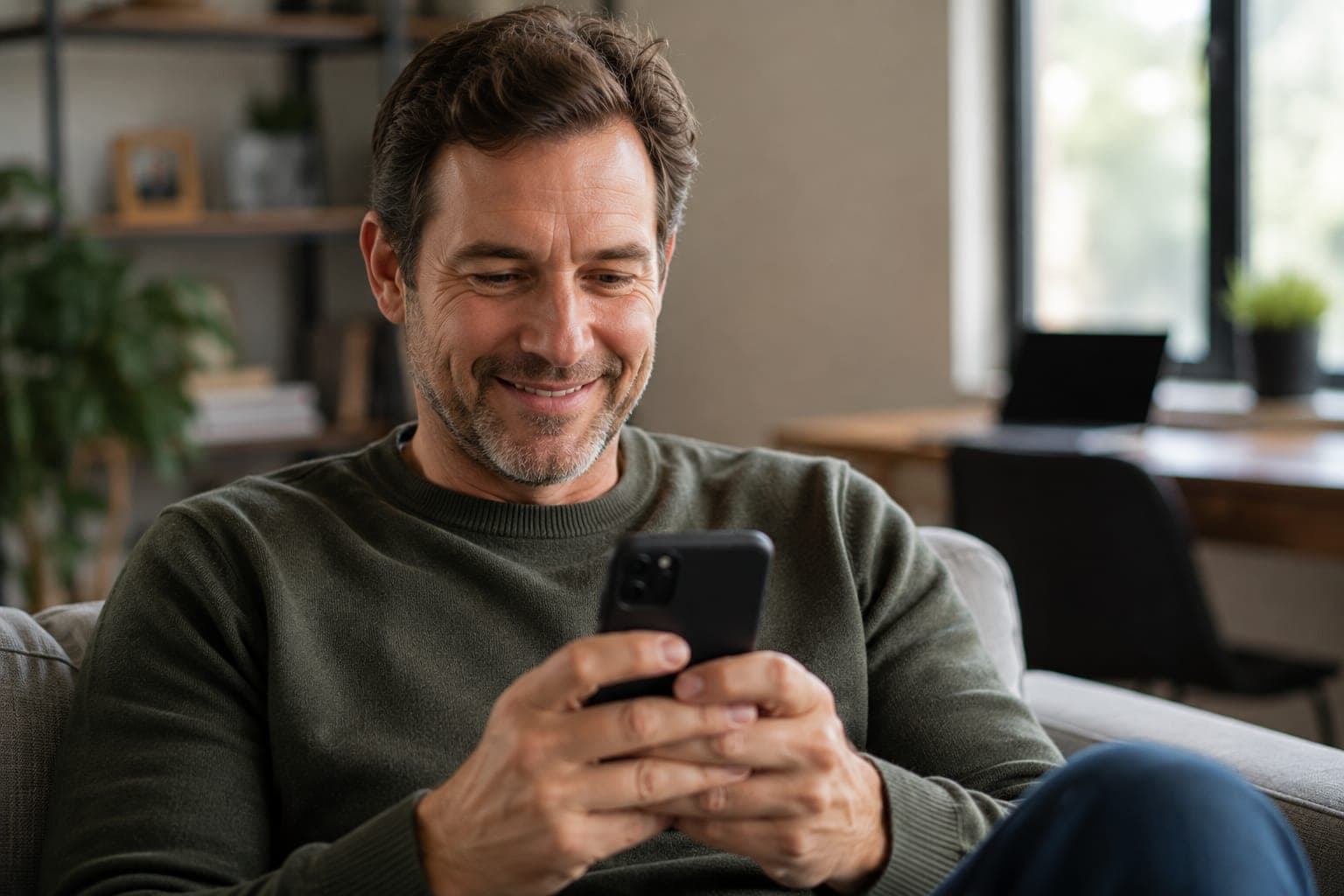 A family member smiling as he reads an update on his phone