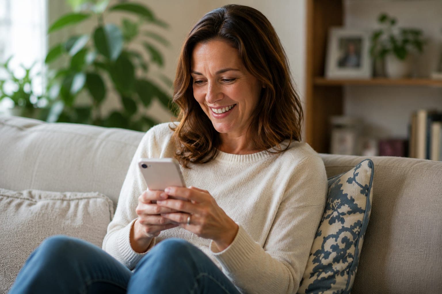 A family member reading an update on her phone at home