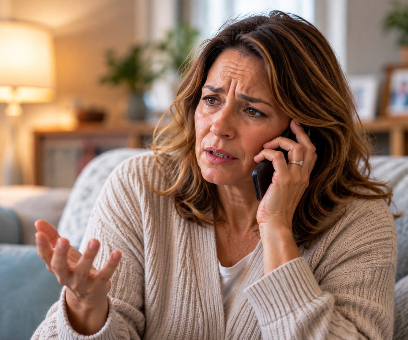 A family member on the phone, looking worried