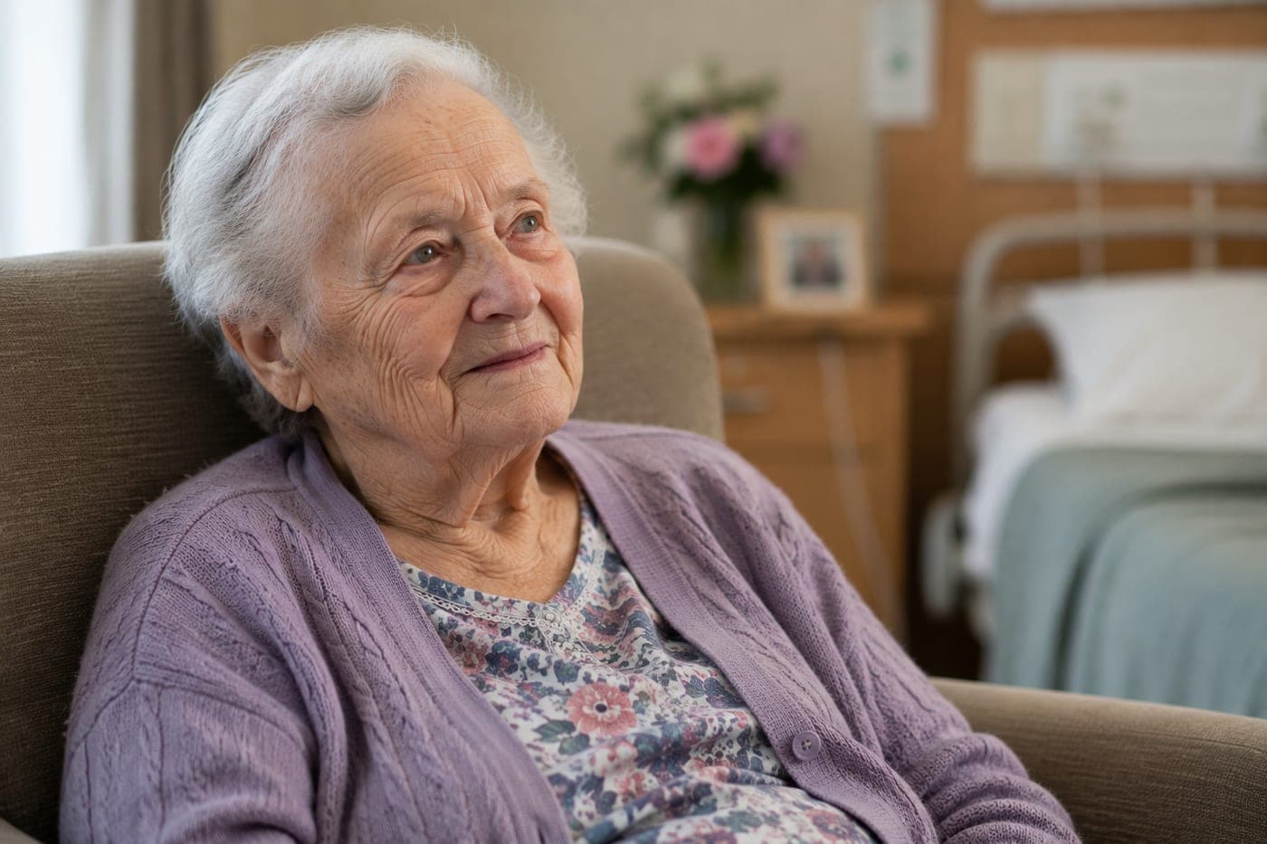 A resident sitting in her room, looking thoughtful