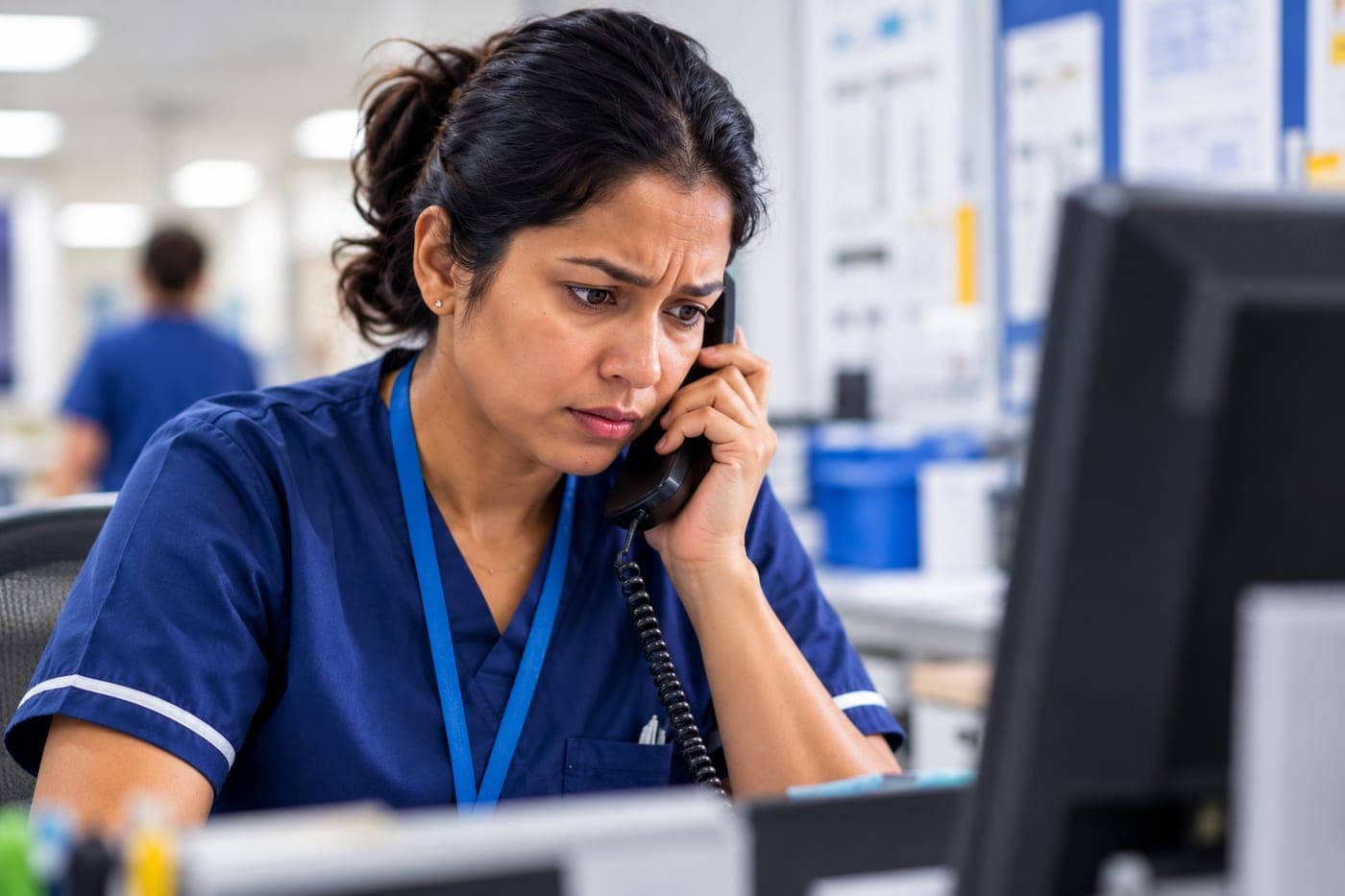 A nurse on the phone at her desk, looking concerned