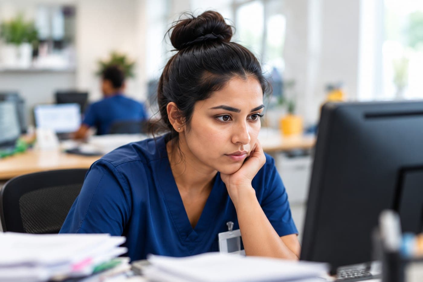 A tired nurse at her desk