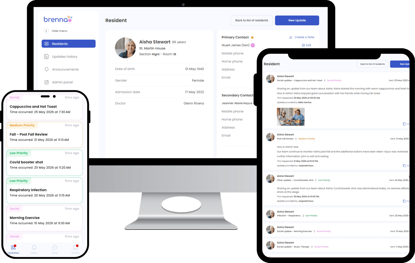 Brenna's staff web app on a desktop, tablet and phone: residents, update history and a new update