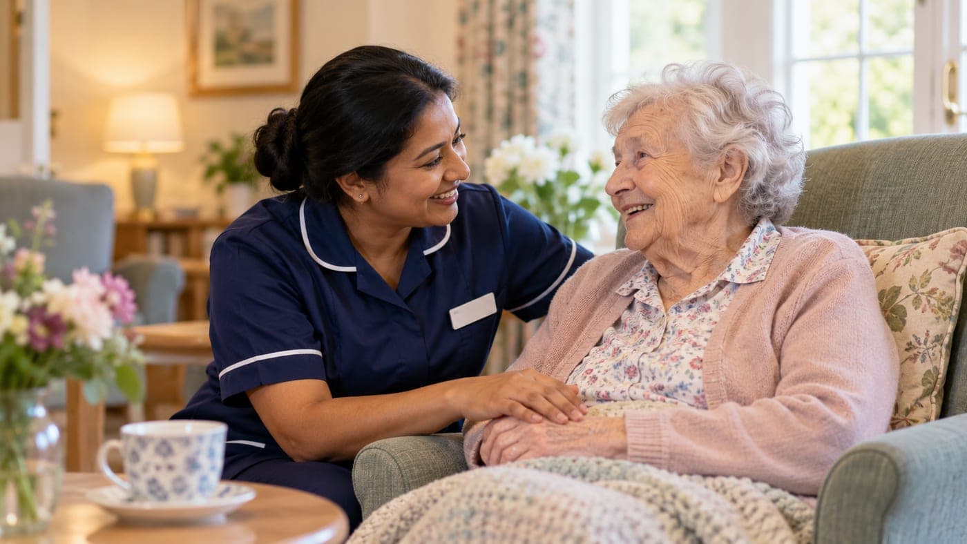 A nurse and a resident laughing together in the lounge