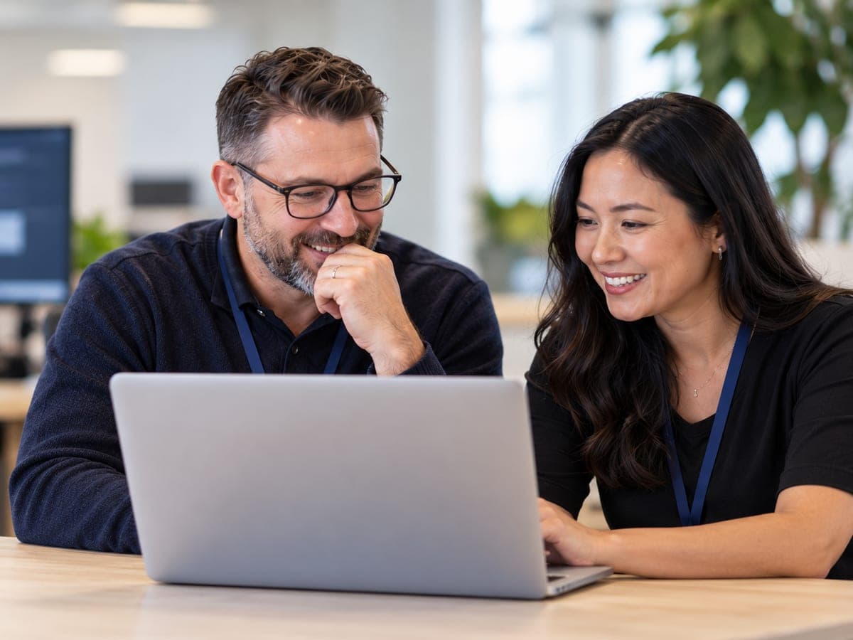 Two colleagues smiling at a laptop