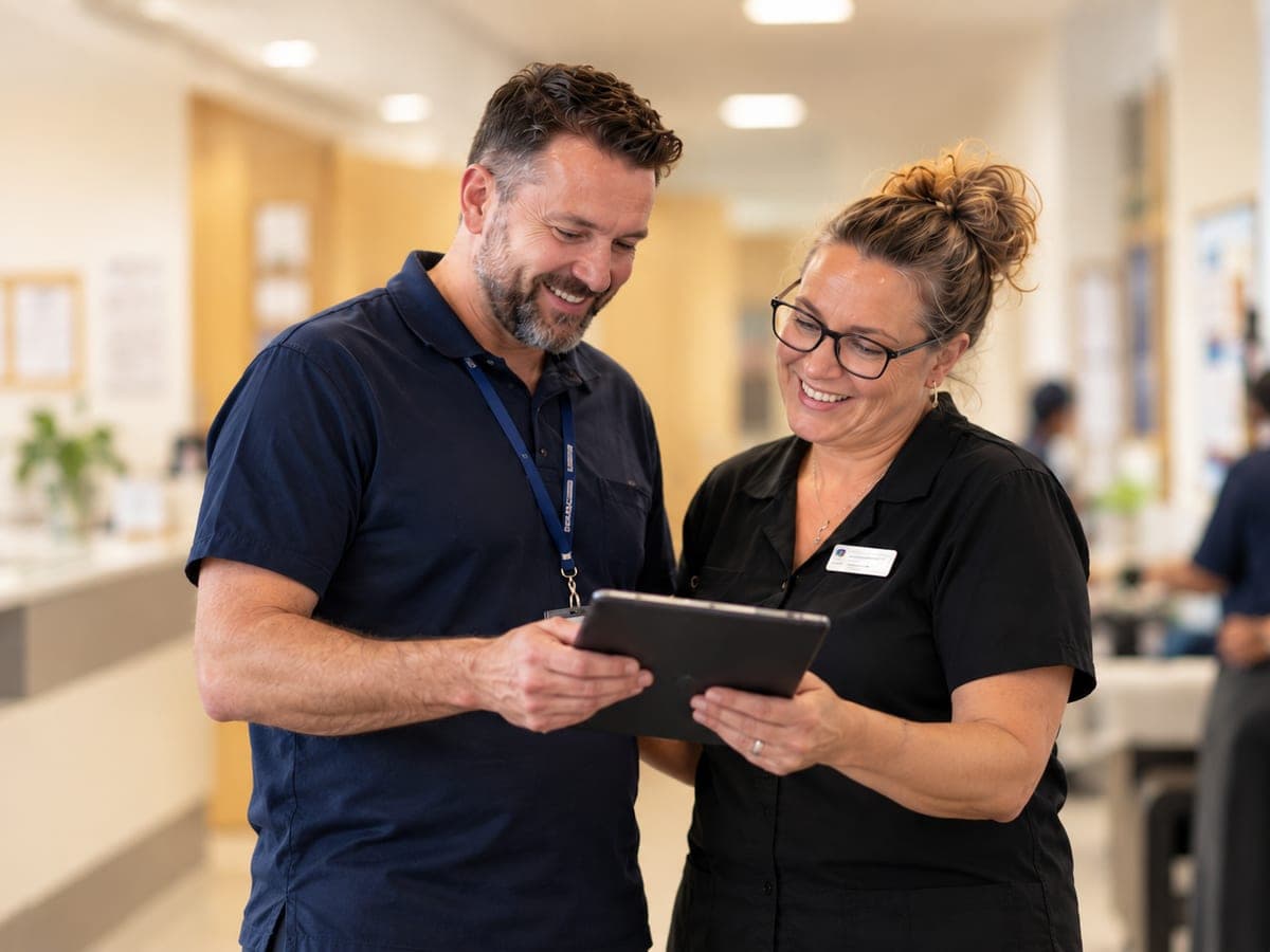 Two staff members looking at a tablet together