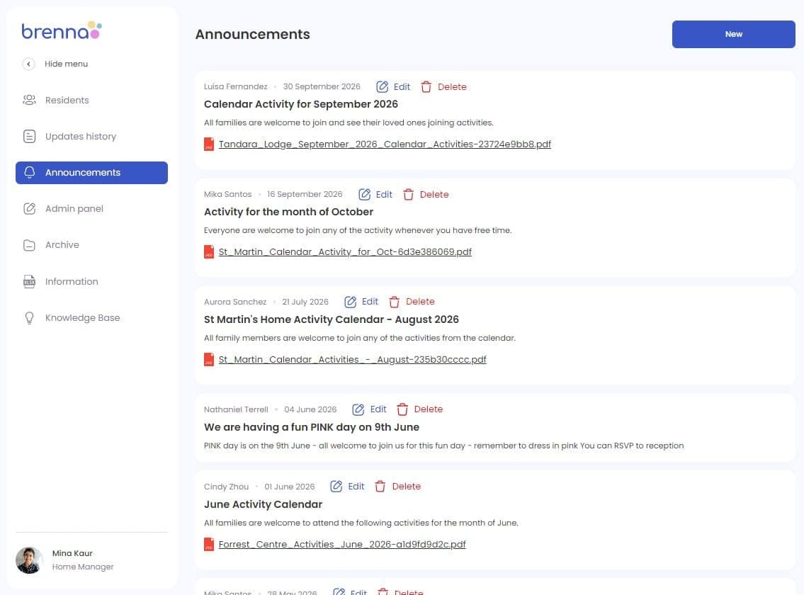 Brenna announcements: activity calendars and news sent to every family across the home