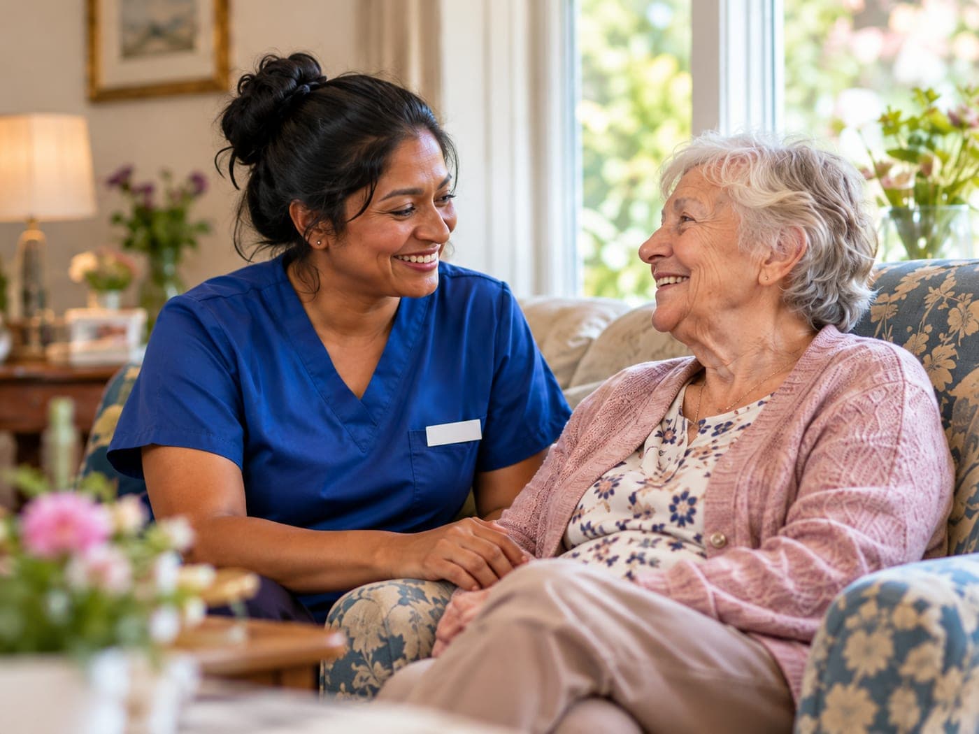 A nurse and a resident laughing together in the lounge