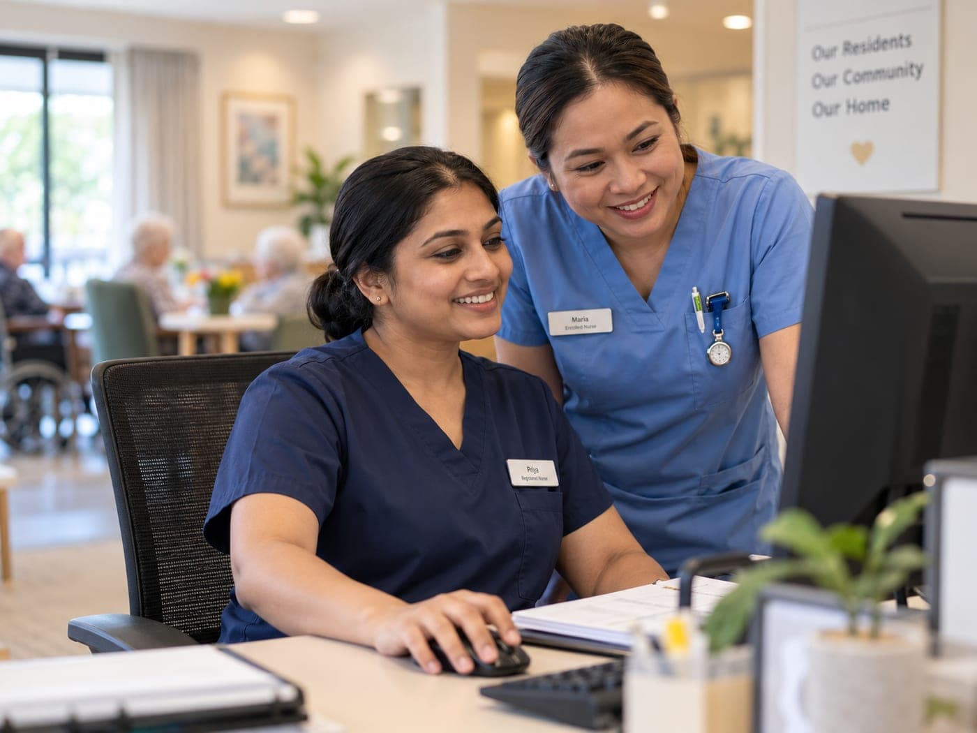 Two nurses reviewing a resident update together at the nurses' station
